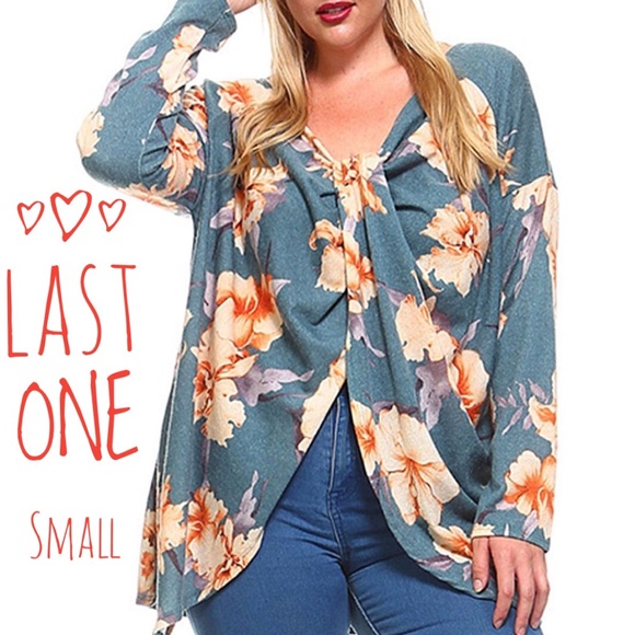 Frumos Tops - Teal Floral Knot-Front V-Neck Tunic Small